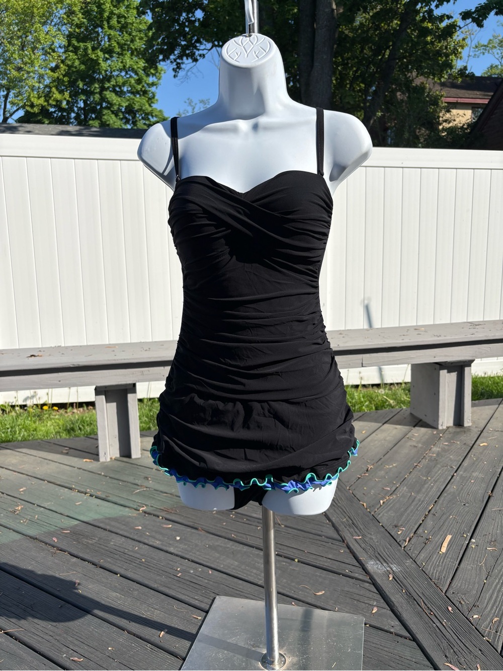Black Ruched Swimdress with Decorative Ruffle Hem